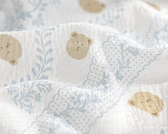Teddy | Bear Print Seersucker Poly by the yard made in Korea Soft Cool Summer Pajama Bedding Blanket Baby Apparel Fabric 160cm 52" wide