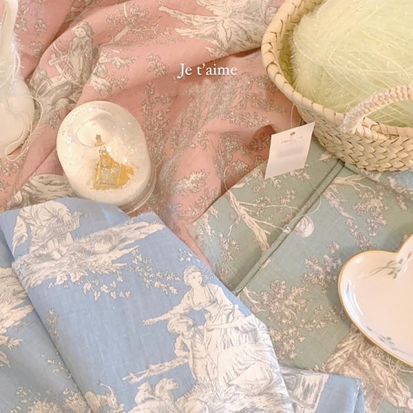 Je t'aime | Toile de Jouy Cotton Linen by the yard, 3 colors, made in Korea, Vintage French Style Fabric, Home Textiles, 153cm 60"wide