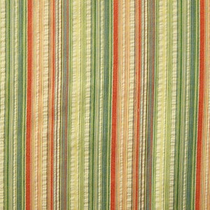 May include: A striped fabric with alternating bands of red, orange, green, and cream.