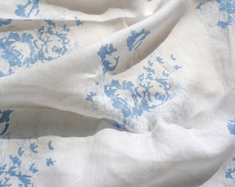 Blush Rose White | Pure Linen by the yard, 2 colors, made in Korea, Rustic Floral Fabric, Bedding, Home Textiles, Apparel, 143cm 56"wide