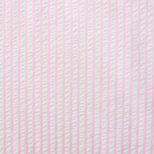 May include: White fabric with thin pink stripes. The fabric has a textured surface.