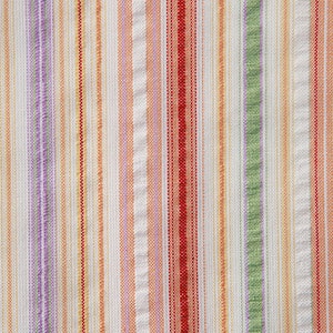 May include: A white fabric with vertical stripes in shades of orange, red, green, and purple.