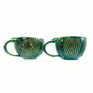 Handmade Pottery Mugs:  Set of 2 Hand-Carved Mugs, 16 oz