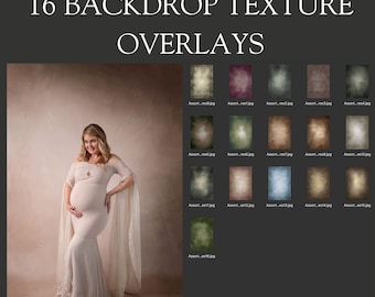 May include: A digital collection titled 16 BACKDROP TEXTURE OVERLAYS featuring a large sample image of a pregnant individual in a beige gown against a mottled tan background, alongside sixteen smaller rectangular texture swatches in various colors.