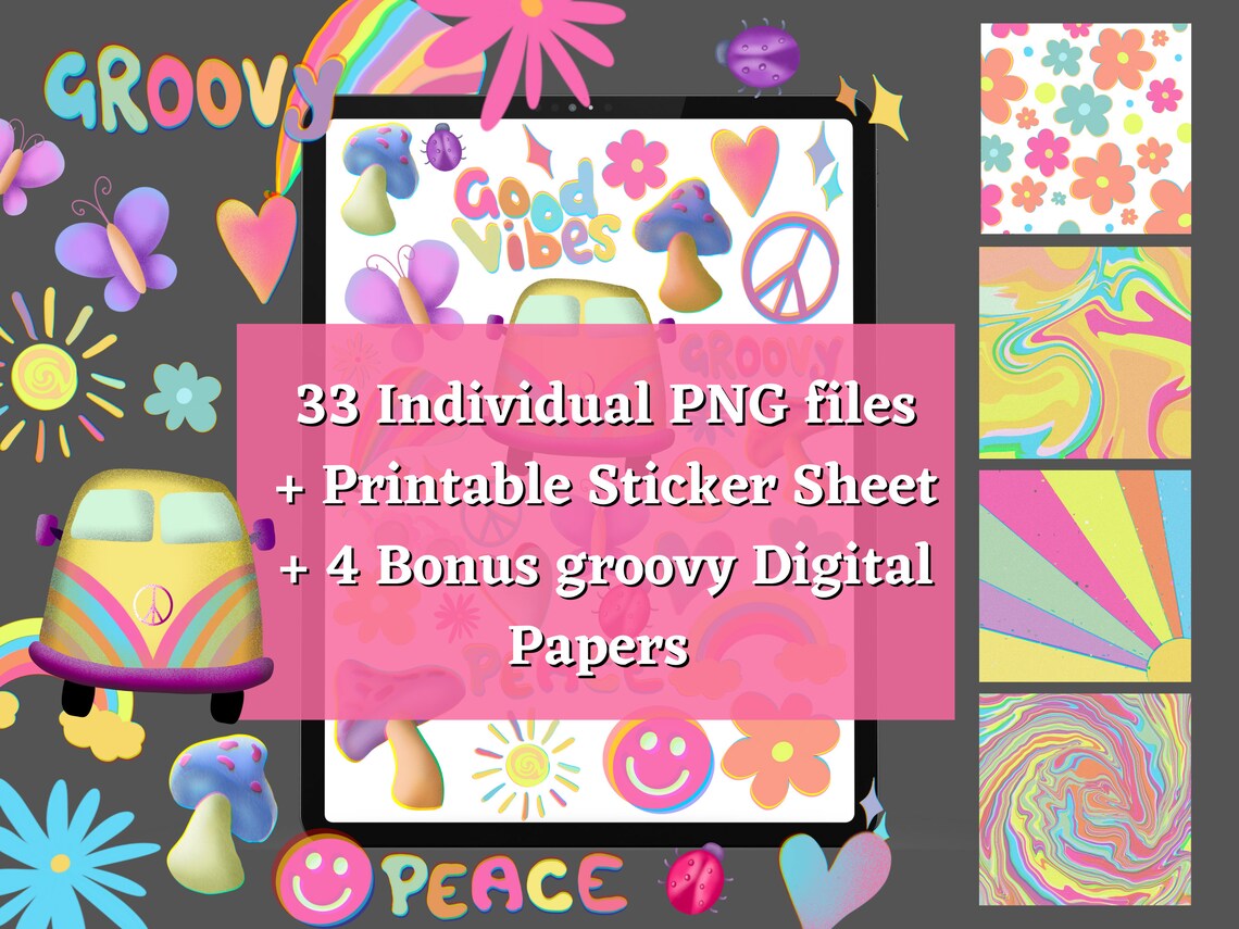 GROOVY DIGITAL STICKERS, Groovy Clipart, Goodnotes Stickers, Planner