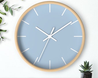 Dusky Blue Wall Clock with White Separators | Pastel Wall Clock | Minimalist Wall Clock | Scandinavian Wall Clock | Wooden Frame Wall Clock