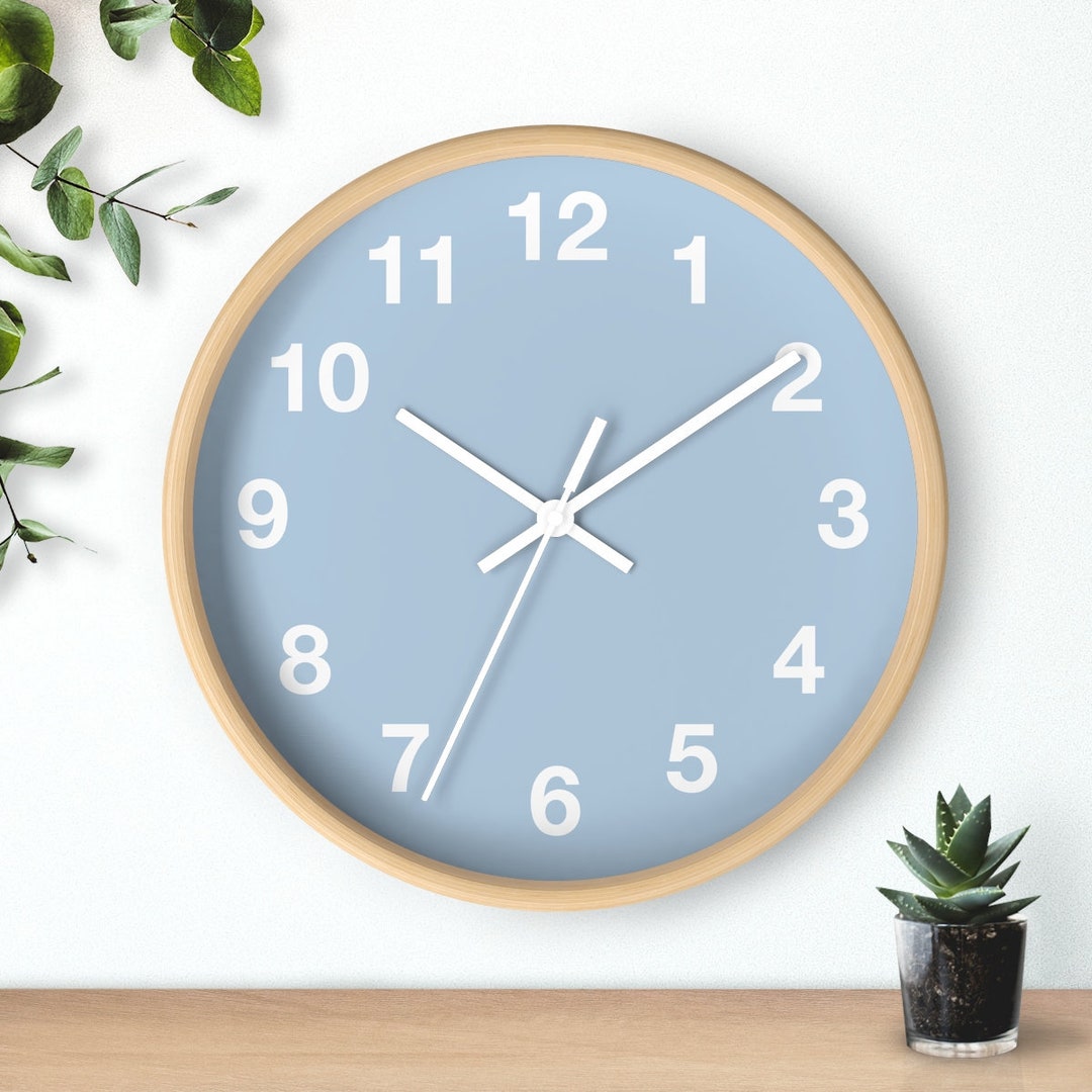 Dusky Blue Wall Clock With White Digits Pastel Wall Clock Minimalist