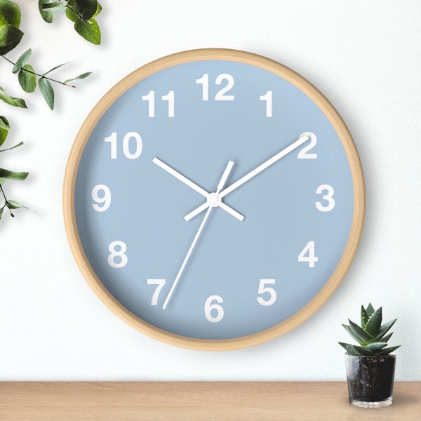 Dusky Blue Wall Clock with White Digits |  Pastel Wall Clock |  Minimalist Wall Clock | Scandinavian Wall Clock | Wooden Frame Wall Clock