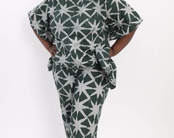 African Ankara Print Blouse & Straight Leg Trousers Set | Green 2 Piece Co-ord | Women's African Fashion Canada
