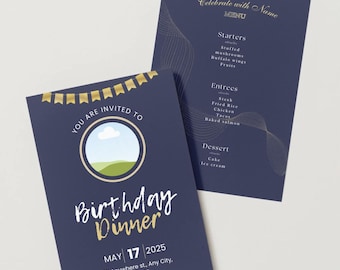 Blue Birthday Invitation card | Editable Canva Invitation, Menu & Program Templates | Printable Birthday Set | Customized Digital E-invite