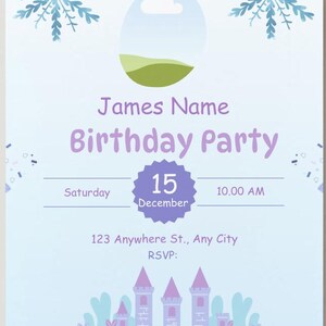 Pode incluir: Convite de anivers&aacute;rio azul claro com ilustra&ccedil;&otilde;es de flocos de neve e castelo. O convite inclui o texto "JOIN US!" e "James Name Birthday Party" com a data, hora e endere&ccedil;o.