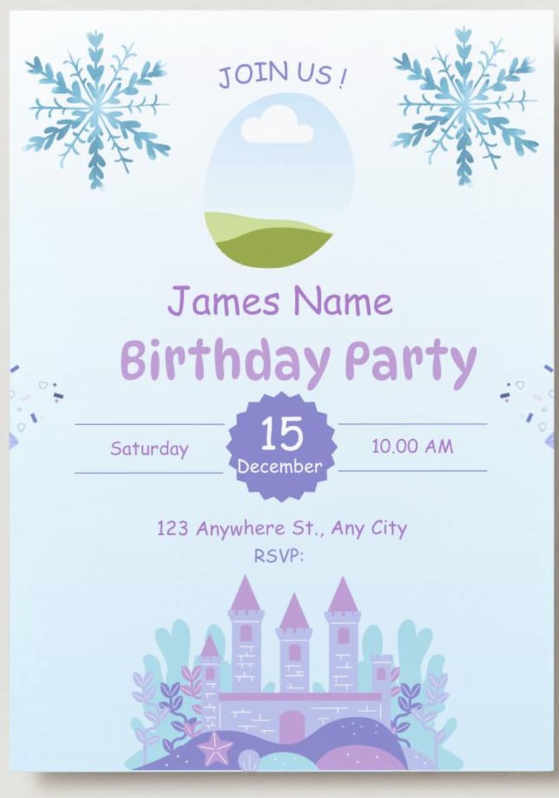 Pode incluir: Convite de anivers&aacute;rio azul claro com ilustra&ccedil;&otilde;es de flocos de neve e castelo. O convite inclui o texto "JOIN US!" e "James Name Birthday Party" com a data, hora e endere&ccedil;o.