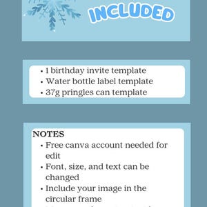Pode incluir: Gr&aacute;fico azul claro com o texto "O QUE EST&Aacute; INCLU&Iacute;DO" e um desenho de floco de neve. A imagem lista um modelo de convite de anivers&aacute;rio, um modelo de r&oacute;tulo de garrafa de &aacute;gua e um modelo de lata de Pringles de 37g. Notas adicionais est&atilde;o inclu&iacute;das.