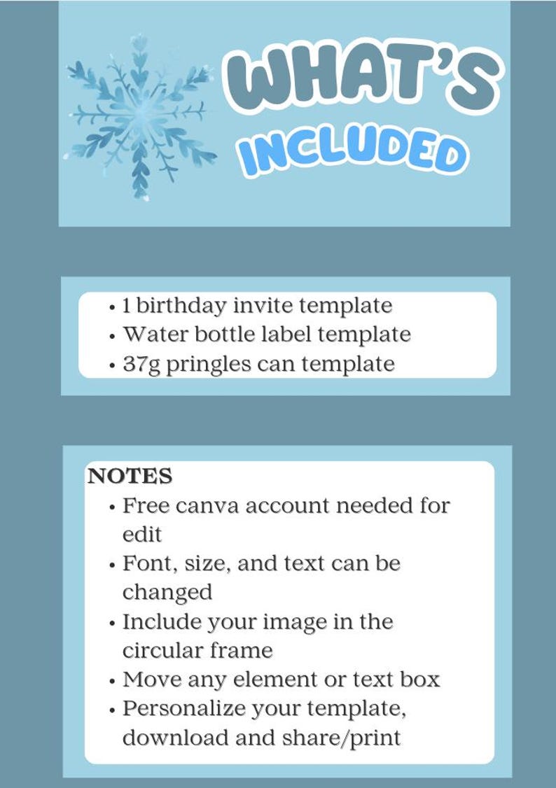 Pode incluir: Gr&aacute;fico azul claro com o texto "O QUE EST&Aacute; INCLU&Iacute;DO" e um desenho de floco de neve. A imagem lista um modelo de convite de anivers&aacute;rio, um modelo de r&oacute;tulo de garrafa de &aacute;gua e um modelo de lata de Pringles de 37g. Notas adicionais est&atilde;o inclu&iacute;das.