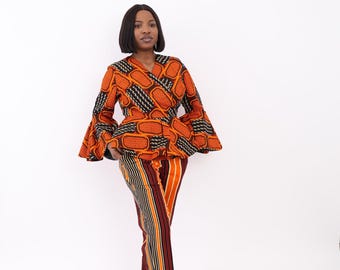 Orange African 2 Piece Set | Wrap Top & Pants | African Women Outfit | Afrocentric Matching Set | Nigerian RTW