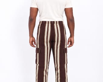 Men’s Aso Oke Cargo Pants, Brown Striped African Trousers, Elastic Waist Straight-Leg Pants, Nigerian Streetwear