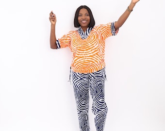 Orange & Blue African 2 Piece Set | Top and Matching Pants | Women Summer Fashion | Nigerian RTW