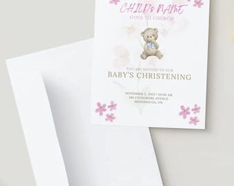 Pink Baby Girl Christening Templates | Editable Canva Invitation, Program of Events & Thank You Card | Baptism Printable PDF