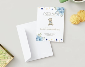 Blue Baby Boy Christening Templates | Editable Canva Invitation, Program of Events & Thank You Card | Baptism Printable PDF