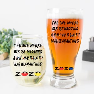 Wedding Anniversary gift, Personalized Anniversary Gift, Friends theme, gift for couple, Established gift, Beer and Wine Glass Set