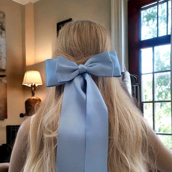 Big Light Blue Bow Hair Clip with Long Tails, Fascinator, Bridal or Bridesmaid, Double Bow 22 cms Wide,