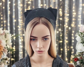 Black Satin Back Bow Headband Fascinator, on a Sinamay Halo Base, with tails