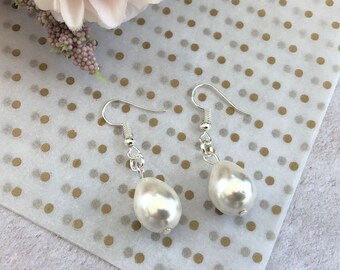 Teardrop Pearl Dangle Earrings with Baroque Fresh Water Pearls Pierced or Clip On 4 cms Drop