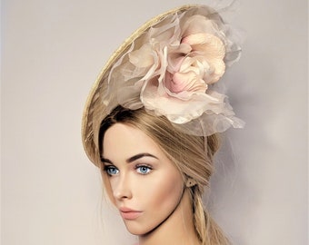 Blush Large Flower Fascinator, Percher Hat, Beige Saucer, Races , Hatinator, wedding headpiece, Ascot hat, Kentucky Derby