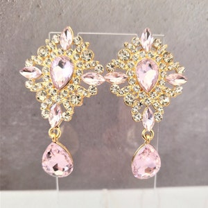 Clip On Diamante Dangle Drop Earrings with Pink Colour Pink Stones and Teardrop Pendant on Gold Tone Statement Style 6.5 cms drop