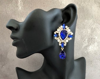 Clip On Diamante Dangle Drop Earrings, Sapphire Blue Rhinestones, Teardrop Pendant,