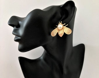 CLIP ON Bee Diamante Stud Earrings with Pearl in Rose Gold Tone 3.5 cms Drop