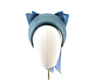 Blue Satin Back Bow Headband Fascinator, on a Sinamay Halo Base, with tails