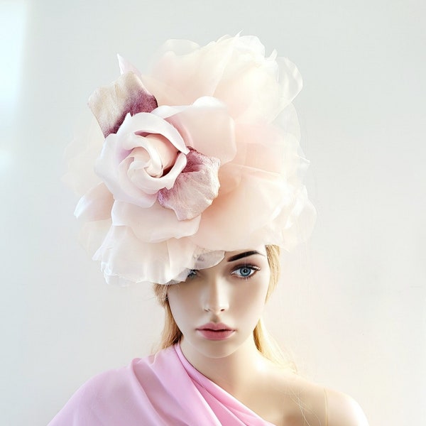 Blush Flower Pillbox Hat Fascinator, with Large Pink  Organza Silk Flower, Straw Percher, Kentucky Derby, Mother of the bride, Races