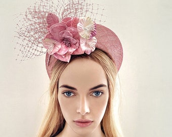 Dusky Pink Fascinator Headband, with Flowers and Veiling, Halo Shape