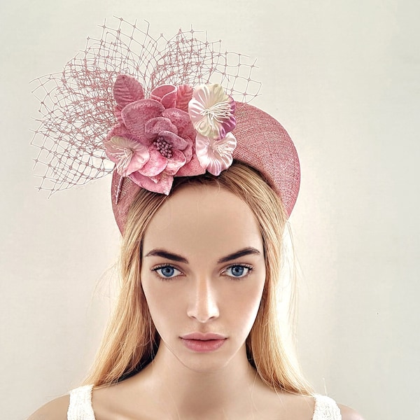 Dusky Pink Fascinator Headband, with Flowers and Veiling, Halo Shape