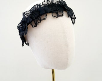 Black Silk headband, Chiffon Flower Crown, Fascinator,
