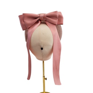 Blush Pink Satin Back Bow Headband Fascinator, on a Sinamay Halo Base, with tails