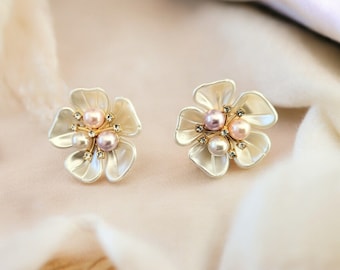 CLIP ON Diamante Earrings, with Faux Pearl, In Cluster Flower Design, Statement Wedding jewellery,