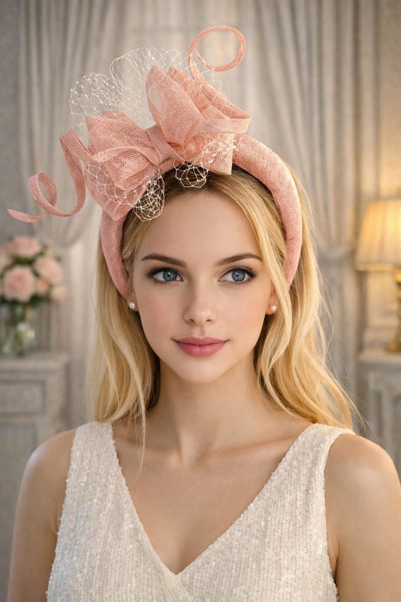 Pale Pink Bow Fascinator Headband, With Swirls and Veiling  display picture 1