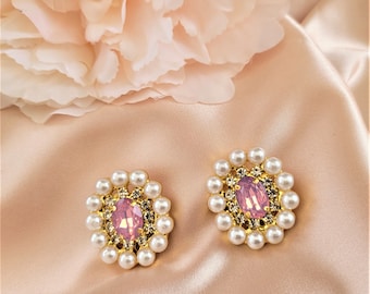 Clip on Diamante Cluster Stud Earrings with Pearl Bead and Opaque Pink Crystal 3 cms Pierced option