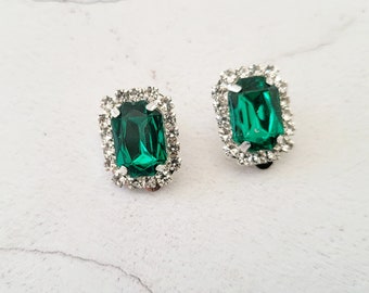 Clip On Green Diamante Stud Earrings,  2.2 cms drop Silver Tone Rectangular Cluster style, Pierced option