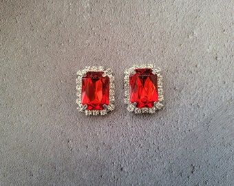Clip On Red Diamante Stud Earrings,  2.2 cms drop Silver Tone Rectangular Cluster style, Pierced option