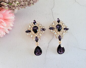 Deep Purple Teardrop Clip-On Dangle Earrings with Diamante in Gold Tone – 6.5cm Drop