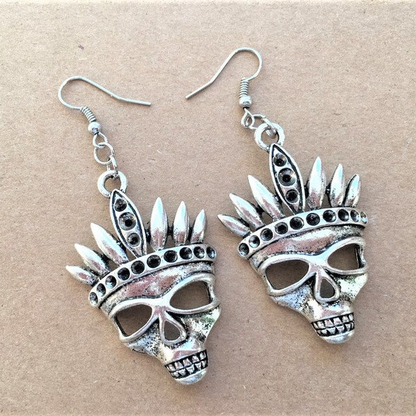 Voodoo Head Dangle Drop Earrings, Skull Design, Antiqued Silver Tone, Boho, Goth, Clip on option