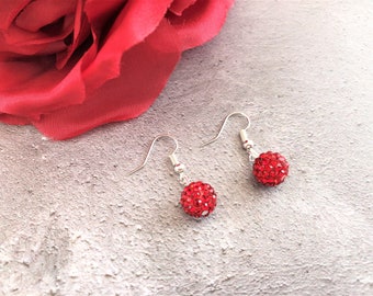 Red Diamante Dangle Drop Earrings, Crystal Disco Ball, Shamballa bead Clip On or Pierced