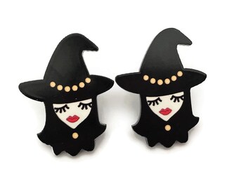 Witch Design CLIP ON Stud Earrings, Lightweight, Pierced option, Kitsch, Goth, Punk, Fun Gift