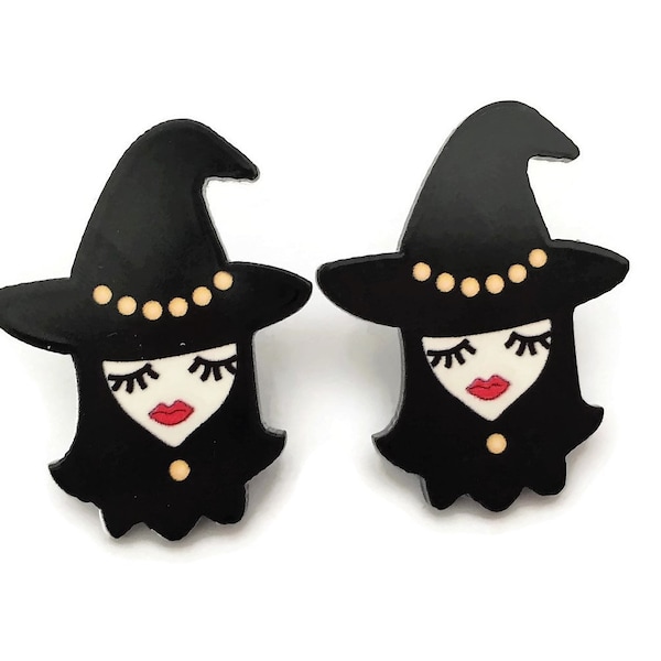 Witch Design CLIP ON Stud Earrings, Lightweight, Pierced option, Kitsch, Goth, Punk, Fun Gift