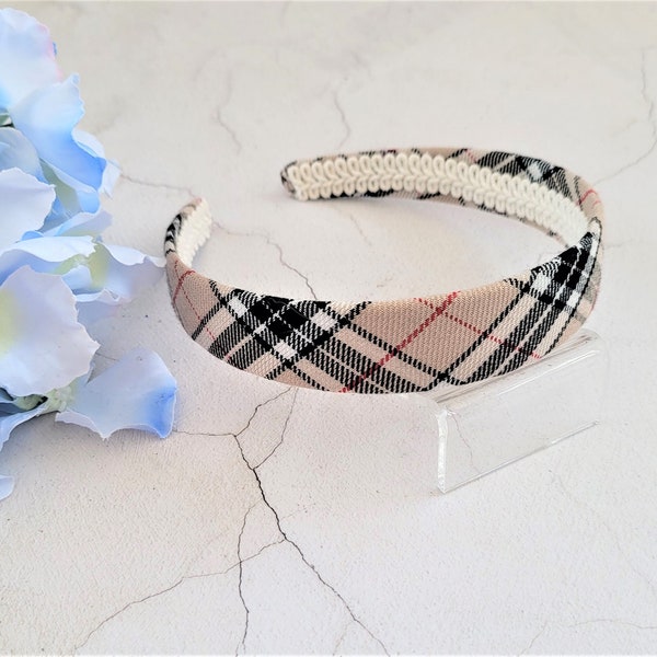 Beige Tartan Check Alice Band, Plaid Headband, Hair Band, 2.5 cms Wide Beige and Black, matching child's size