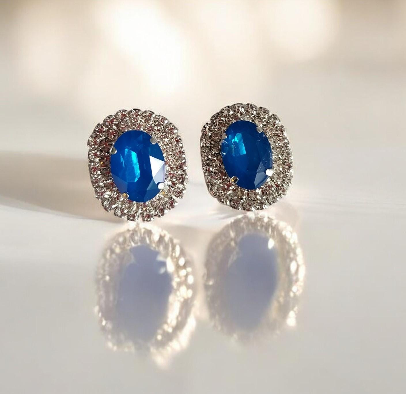 Clip on Blue diamante earrings, crystal cluster, stud pierced available, oval