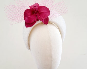 Pink Leather Orchid Fascinator on Ivory Headband with Veiling